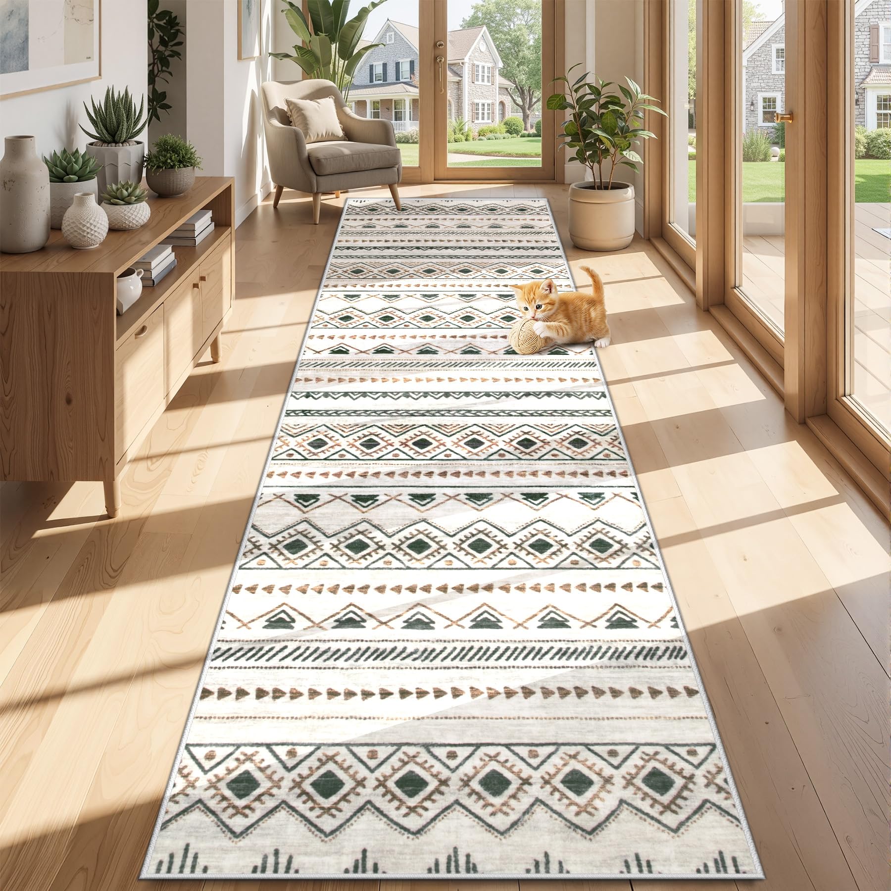 Area Rug Living Room Rugs 8x10 - Large Soft Boho Geometric Rug, Non-Slip Foldable Washable Rugs Non Shedding Morden Indoor Floor Carpet for Living Room Bedroom Office Dining Room(Brown Green,8'x10')