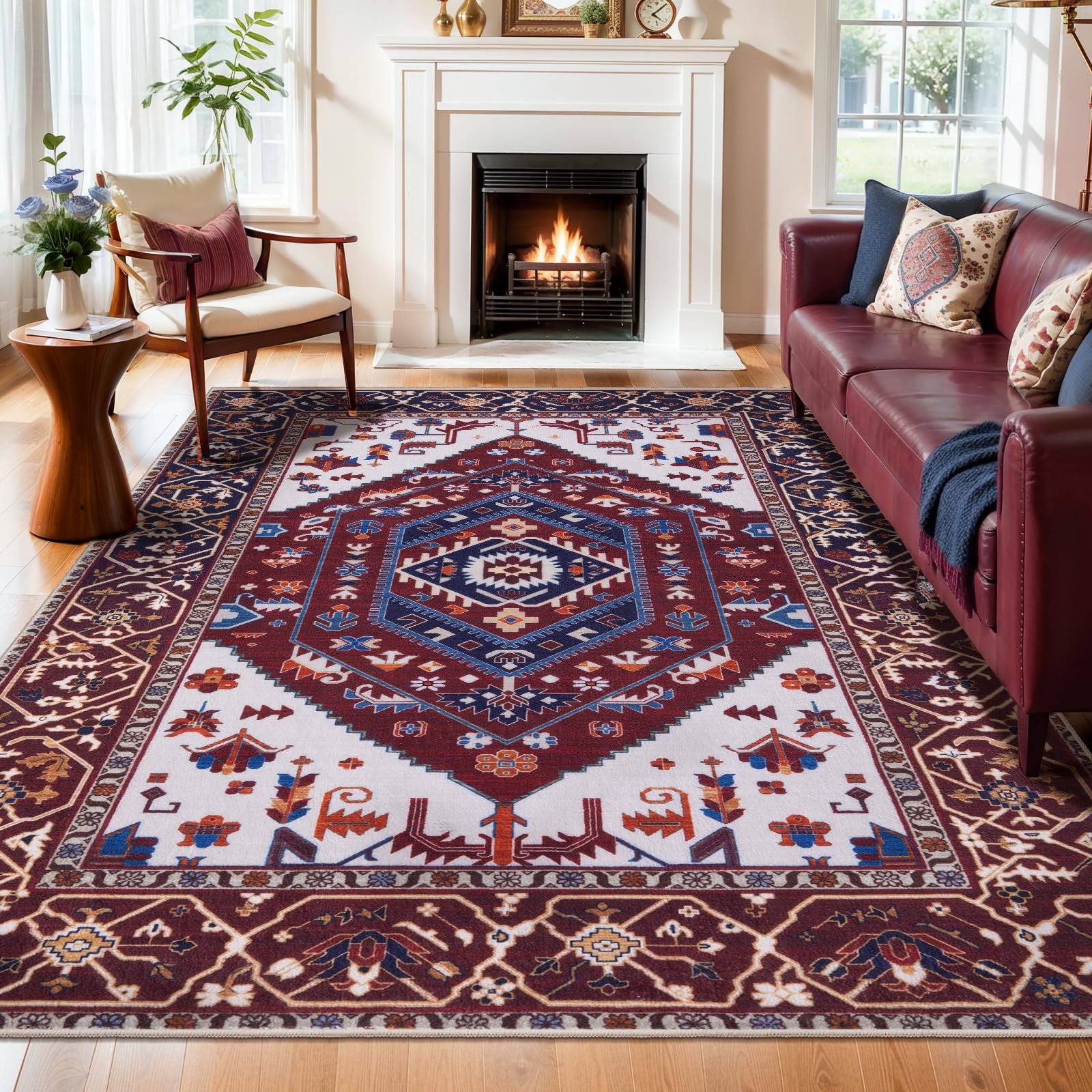 SERISSA Washable Rugs 8x10 Area Rugs, Large Non-Slip Boho Living Room Rust Rug, Ultra Soft Vintage Print Distressed Oriental Tribal Farmhouse Carpet for Dining Room Bedroom Dorm Office Home Decor