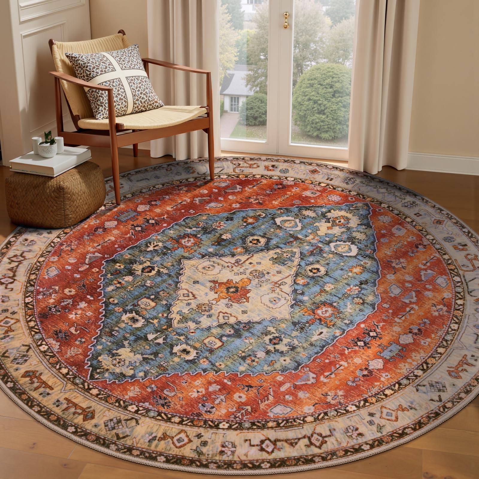 SERISSA Washable Rugs 8x10 Area Rugs, Large Non-Slip Boho Living Room Rust Rug, Ultra Soft Vintage Print Distressed Oriental Tribal Farmhouse Carpet for Dining Room Bedroom Dorm Office Home Decor