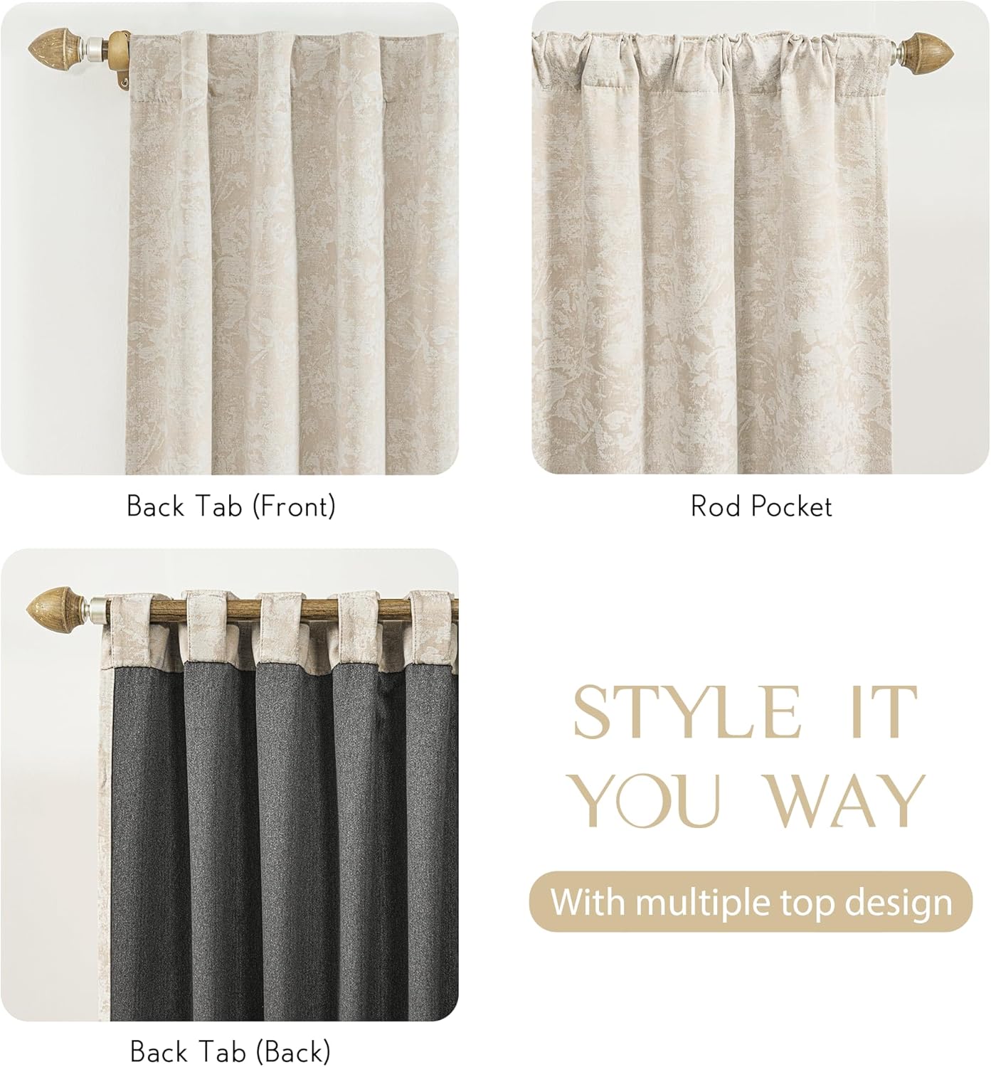 Beauoop Beige Floral Jacquard Blackout Curtains 90 Inches Long 2 Panels for Bedroom Living Room Chenille Flower Room Darkening Thermal Insulated Soundproof Rod Pocket Back Tab Window Drapes 52x90