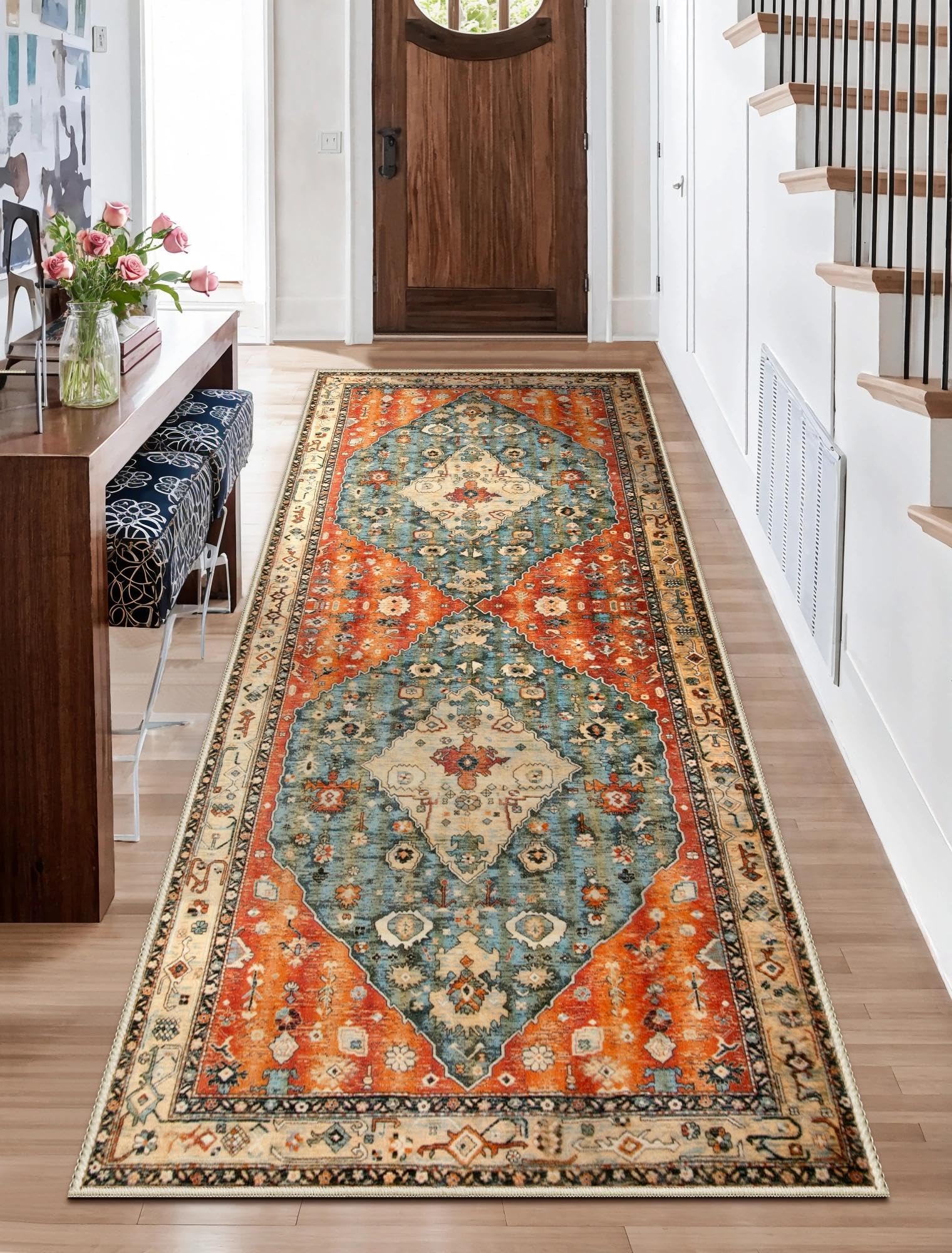 SERISSA Washable Rugs 8x10 Area Rugs, Large Non-Slip Boho Living Room Rust Rug, Ultra Soft Vintage Print Distressed Oriental Tribal Farmhouse Carpet for Dining Room Bedroom Dorm Office Home Decor