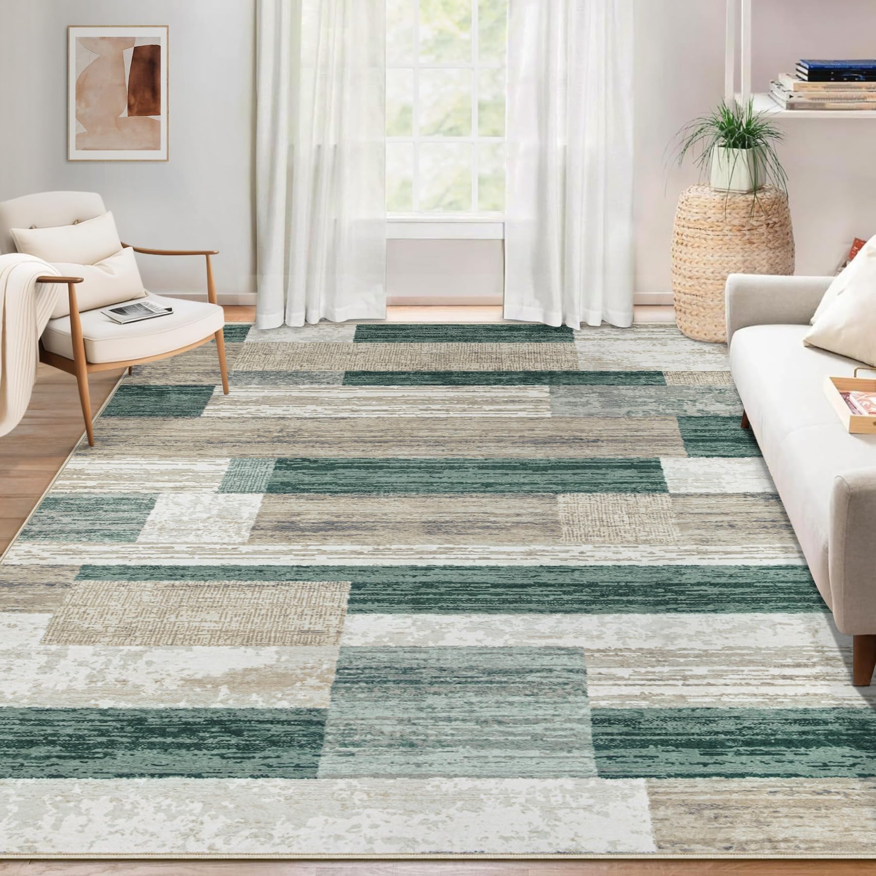 Area Rug Living Room Rugs 8x10 - Large Soft Boho Geometric Rug, Non-Slip Foldable Washable Rugs Non Shedding Morden Indoor Floor Carpet for Living Room Bedroom Office Dining Room(Brown Green,8'x10')