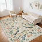 8x10 Beige Boho Floral Washable Non-Slip Thin Area Rug for Indoor Spaces