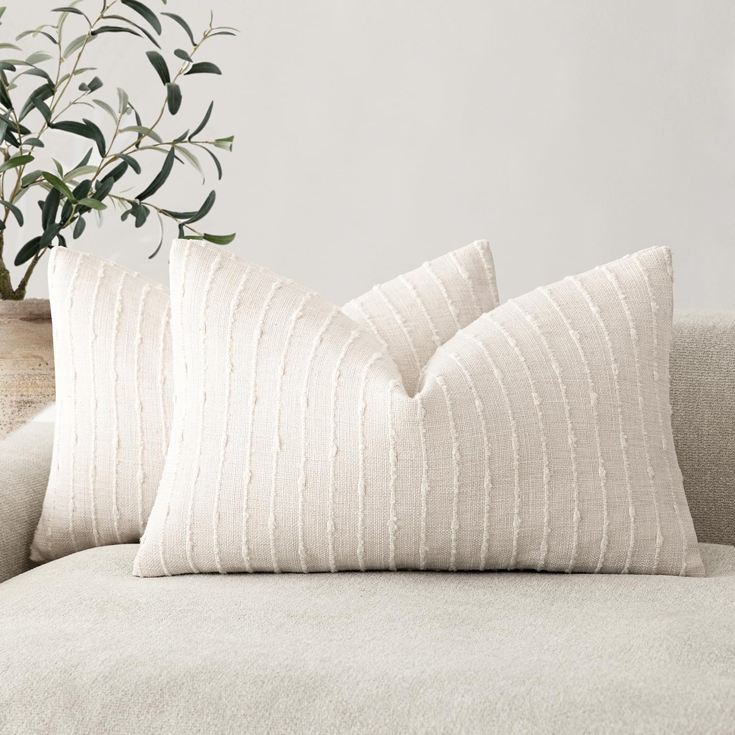 Foindtower Pack of 2 Decorative Jacquard Boucle Throw Pillow Covers Accent Textured Striped Pillowcases Soft Boho Modern Cushion for Couch Sofa Bedroom Living Room Home Decor 20x20 Inch Natural Beige