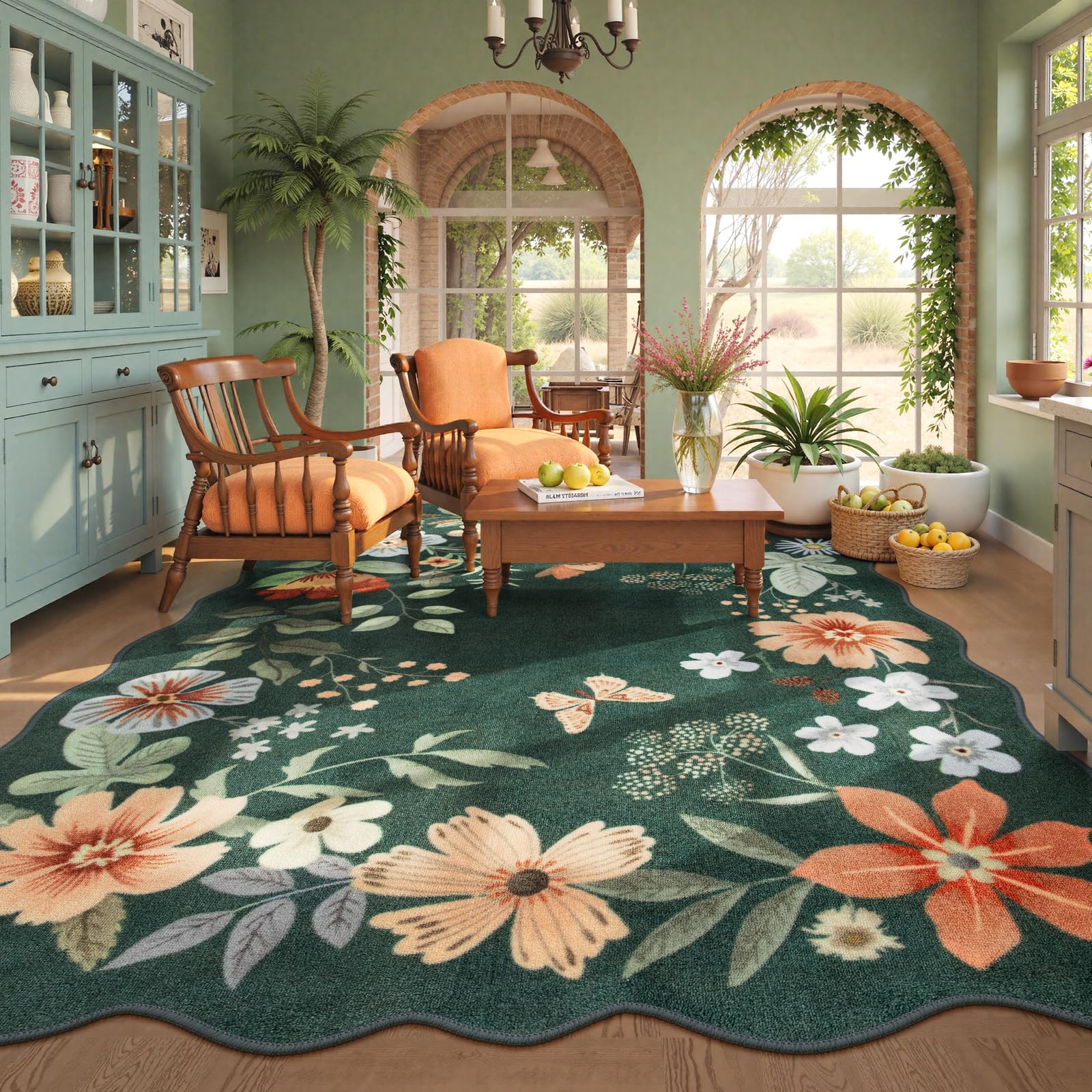 Lahome Floral Living Room Rugs, Area Rugs 5x7 Rug for Bedroom Ultra-Thin Soft Rug, Non-Slip Washable Rugs Stain Resistant Boho Rug Flore Throw Rug for ‎Dining Room Office (5x7ft,Green)