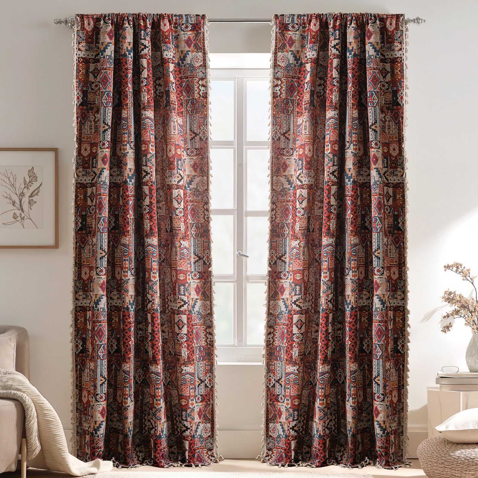 vctops Vintage Floral Oil Painting Curtains with Tassels Set of 2 Panels Rod Pocket Thermal Insulated Room Darkening Window Curtains/Drapes for Bedroom Living Room (Coffee,59"x94")