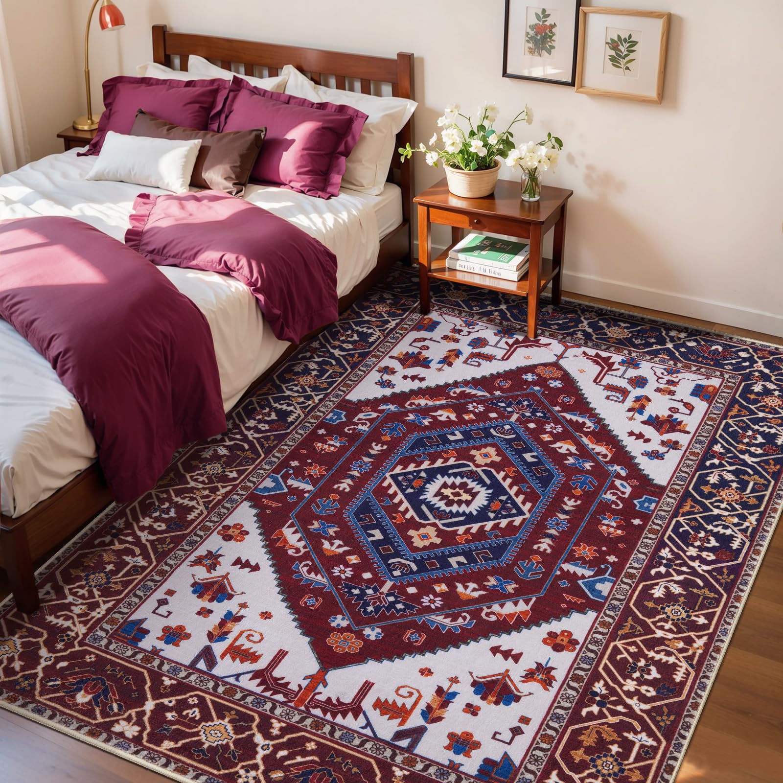 SERISSA Washable Rugs 8x10 Area Rugs, Large Non-Slip Boho Living Room Rust Rug, Ultra Soft Vintage Print Distressed Oriental Tribal Farmhouse Carpet for Dining Room Bedroom Dorm Office Home Decor