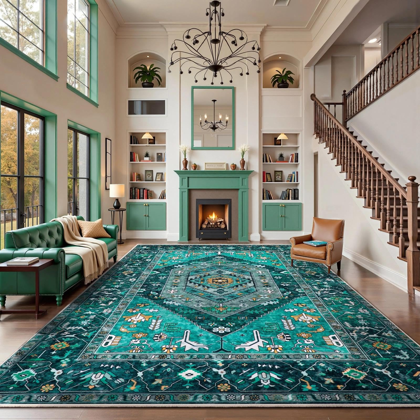 SERISSA Washable Rugs 8x10 Area Rugs, Large Non-Slip Boho Living Room Rust Rug, Ultra Soft Vintage Print Distressed Oriental Tribal Farmhouse Carpet for Dining Room Bedroom Dorm Office Home Decor