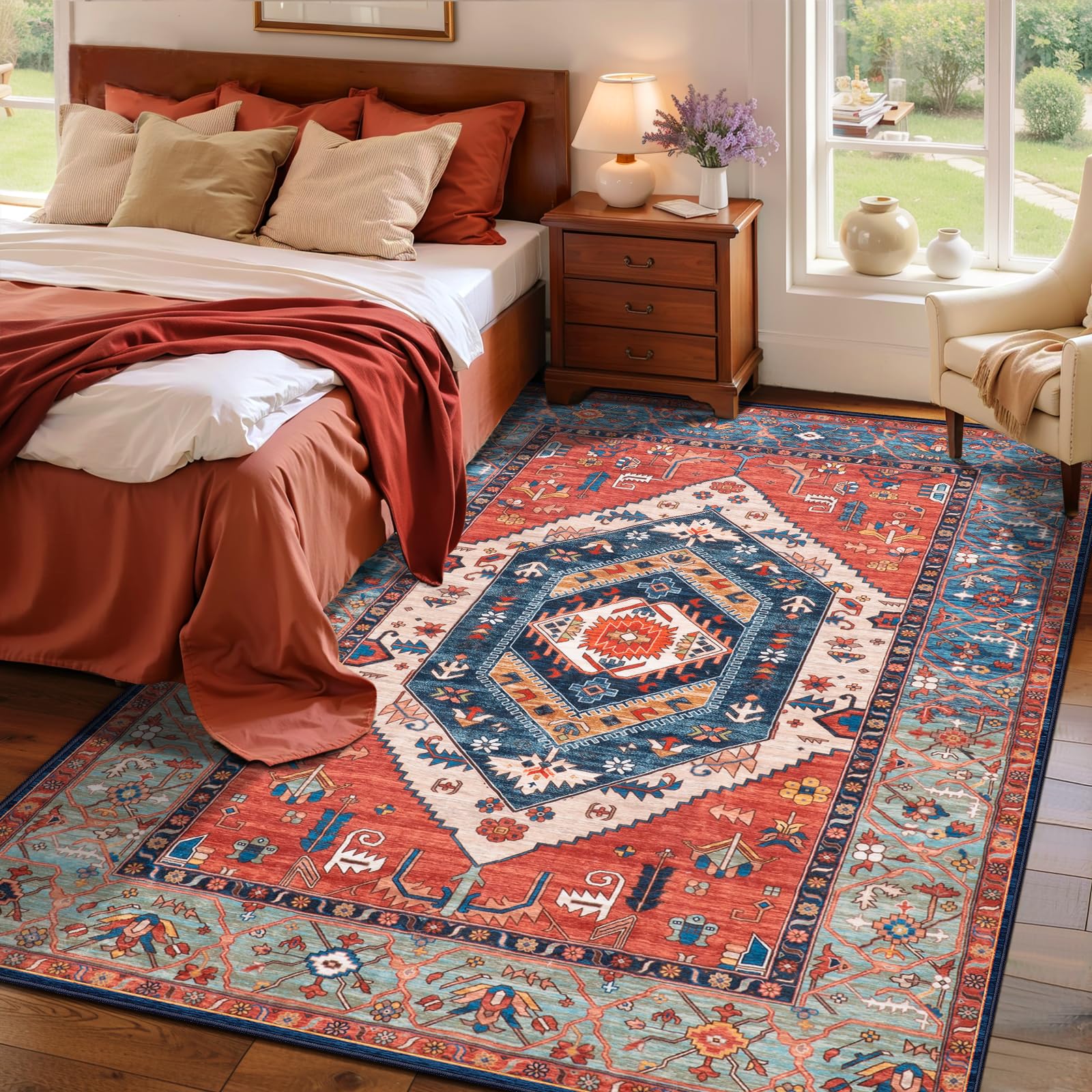 SERISSA Washable Rugs 8x10 Area Rugs, Large Non-Slip Boho Living Room Rust Rug, Ultra Soft Vintage Print Distressed Oriental Tribal Farmhouse Carpet for Dining Room Bedroom Dorm Office Home Decor