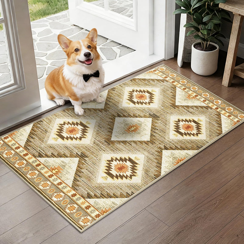 BESTSWEETIE Area Rug 5x7 Rug Machine Washable Non-Slip Low Pile Print Pattern Western Rug for Living Room Bedroom Entryway Tribal Series -Black