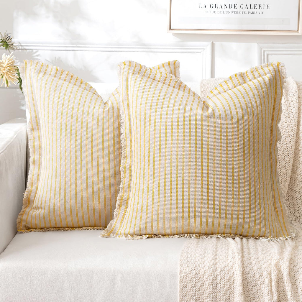 MIULEE Pack of 2 Black Pillow Covers 20x20 Inch Striped Farmhouse Couch Throw Pillow Covers with Fringe Chic Linen Decorative Cushion Covers for Sofa Living Room Bed Outdoor Home Decor