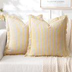 MIULEE Pack of 2 Black Pillow Covers 20x20 Inch Striped Farmhouse Couch Throw Pillow Covers with Fringe Chic Linen Decorative Cushion Covers for Sofa Living Room Bed Outdoor Home Decor