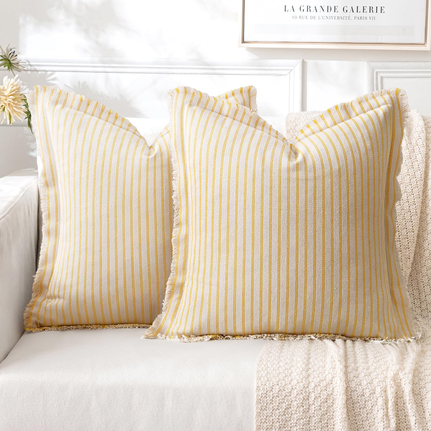 MIULEE Pack of 2 Black Pillow Covers 20x20 Inch Striped Farmhouse Couch Throw Pillow Covers with Fringe Chic Linen Decorative Cushion Covers for Sofa Living Room Bed Outdoor Home Decor