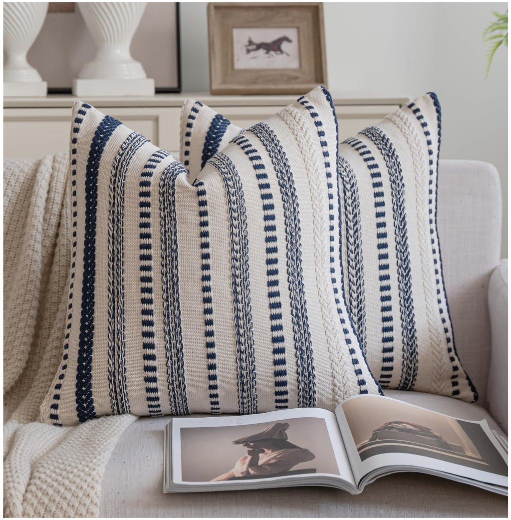 Cethom Navy Blue Boho Throw Pillow Covers 20x20 Inch Set of 2, Stripe Textured Decorative Couch Pillow Cases for Bed, Sofa, Living Room, Bedroom, Farmhouse Home Accent Cushion Covers