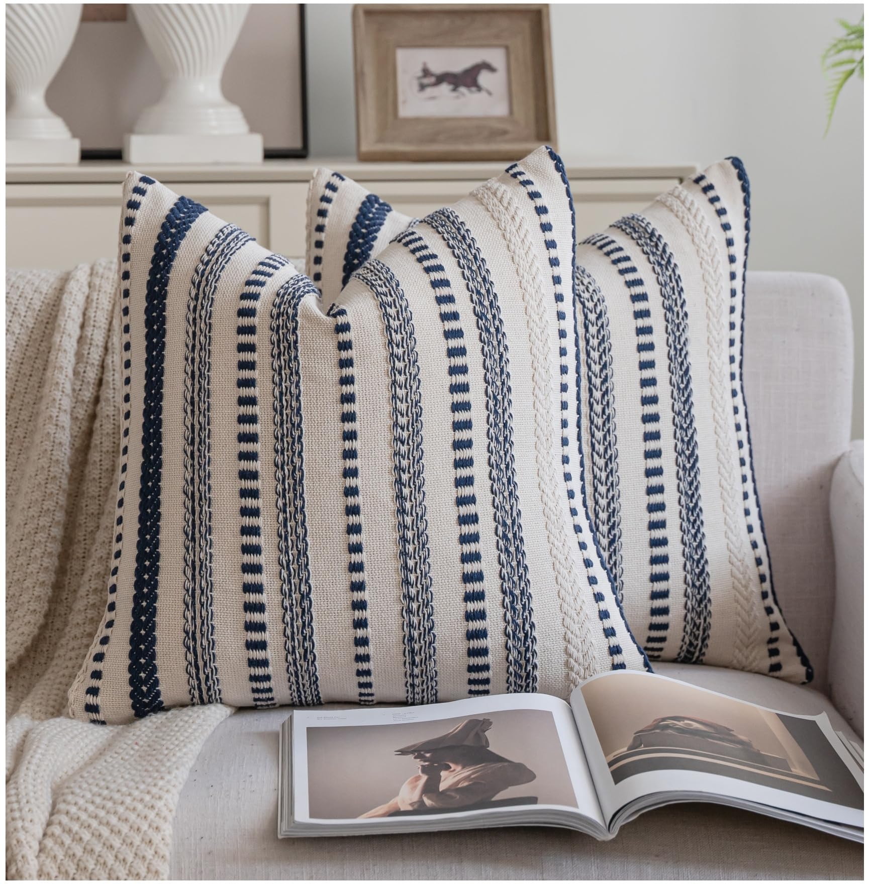 Cethom Navy Blue Boho Throw Pillow Covers 20x20 Inch Set of 2, Stripe Textured Decorative Couch Pillow Cases for Bed, Sofa, Living Room, Bedroom, Farmhouse Home Accent Cushion Covers