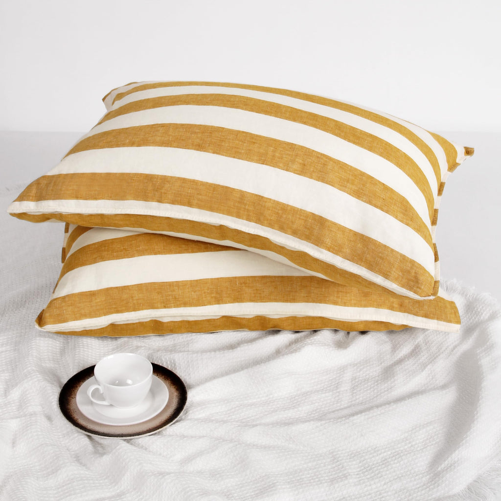 Striped Linen Pillow Cases Set of 2,20"x30" Standard/Queen Size,100% French Natural Flax Soft Linen Pillowcases,Natural Stripe