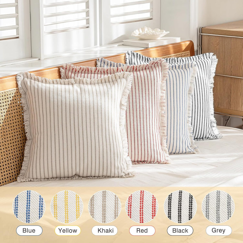 YEENAASY Throw Pillow Covers 18x18 Set of 2 Striped Fringe Pillow Cover Farmhouse Cushion Covers with Tassel Neutral Boho Pillows Decorative Square Pillowcase for Couch Sofa Bed, Khaki