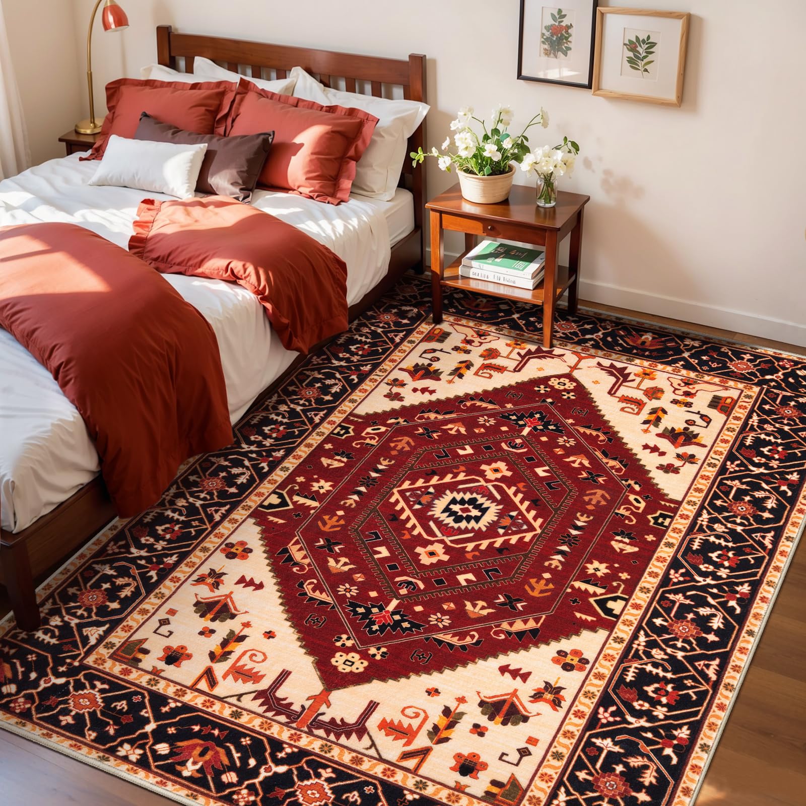 SERISSA Washable Rugs 8x10 Area Rugs, Large Non-Slip Boho Living Room Rust Rug, Ultra Soft Vintage Print Distressed Oriental Tribal Farmhouse Carpet for Dining Room Bedroom Dorm Office Home Decor