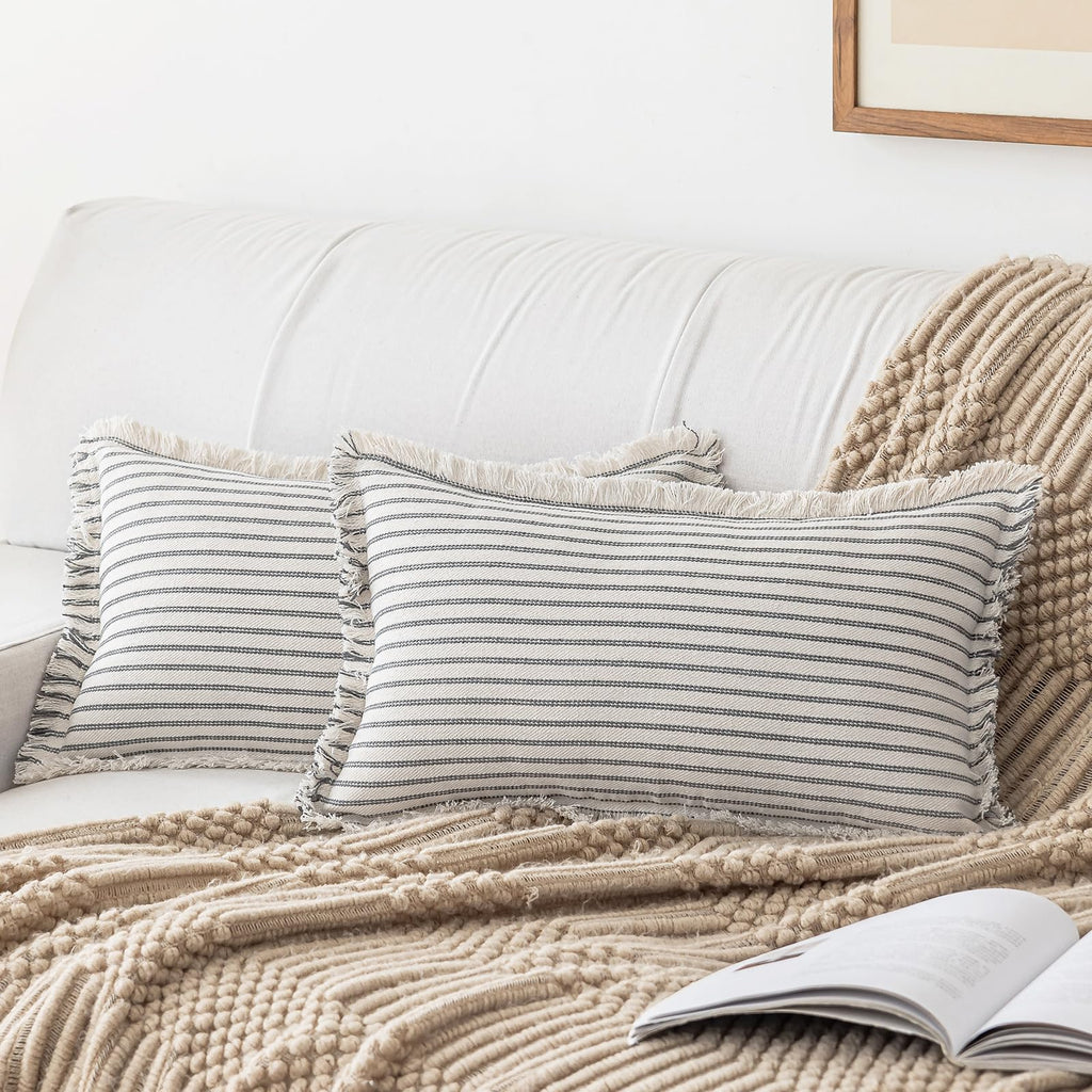YEENAASY Throw Pillow Covers 18x18 Set of 2 Striped Fringe Pillow Cover Farmhouse Cushion Covers with Tassel Neutral Boho Pillows Decorative Square Pillowcase for Couch Sofa Bed, Khaki