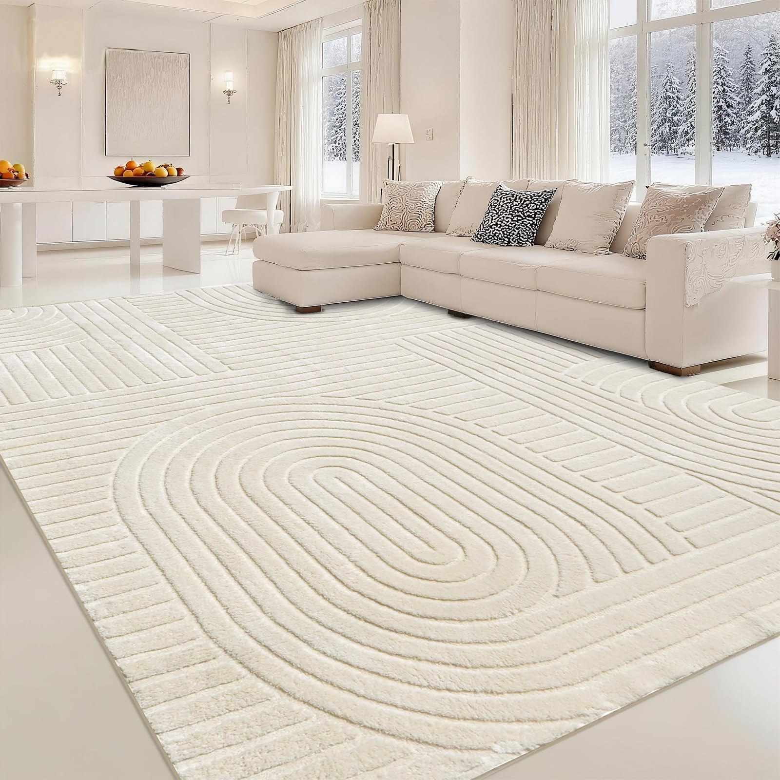 5x7 Geometric Solid Beige Area Rug – Washable, Durable Non-Slip Indoor Carpet with Soft High-Low Pile, Fluffy Floor Rugs for Living Room, Bedroom, Bedside, Kids Room, Nursery,Home Office Décor