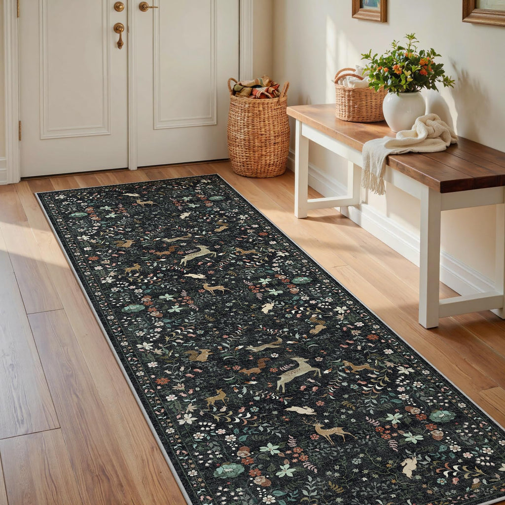 8x10 Beige Boho Floral Washable Non-Slip Thin Area Rug for Indoor Spaces