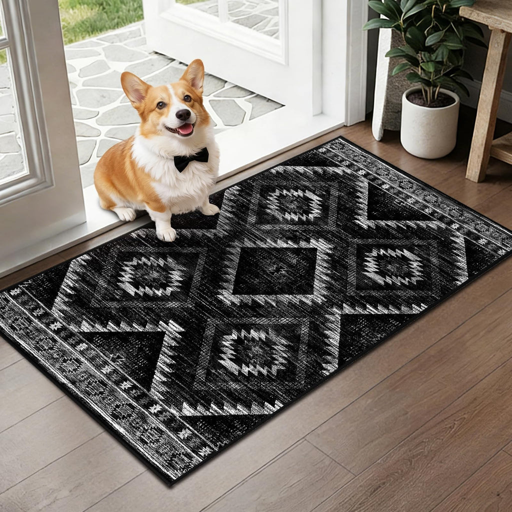 BESTSWEETIE Area Rug 5x7 Rug Machine Washable Non-Slip Low Pile Print Pattern Western Rug for Living Room Bedroom Entryway Tribal Series -Black