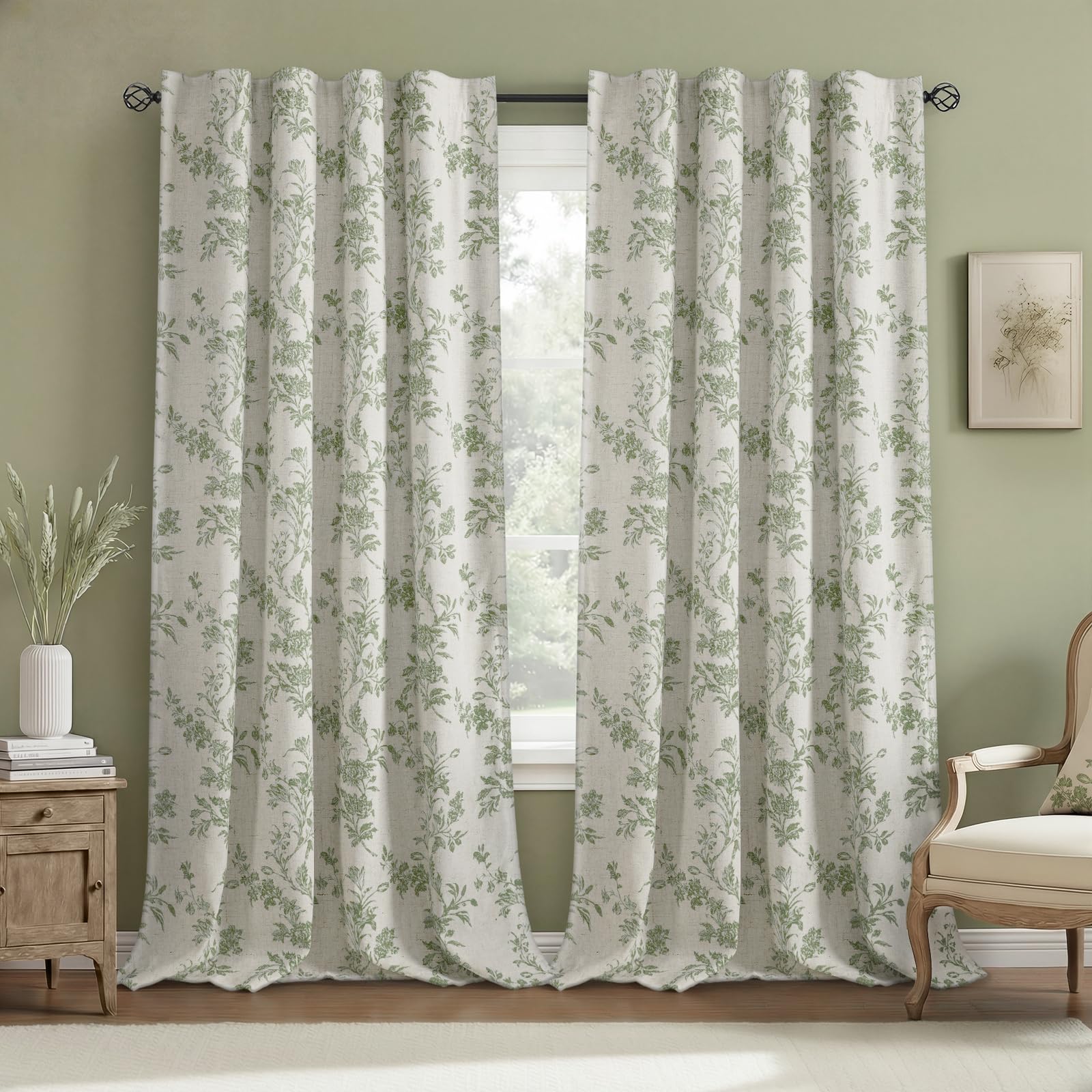 Floral Embroidered Linen Blend Curtains for Bedroom, 84 Inch Light Filtering Spring Farmhouse Vintage Drapes Beige Flower Window Treatments for Living Room Rod Pocket, Set of 2 Panels