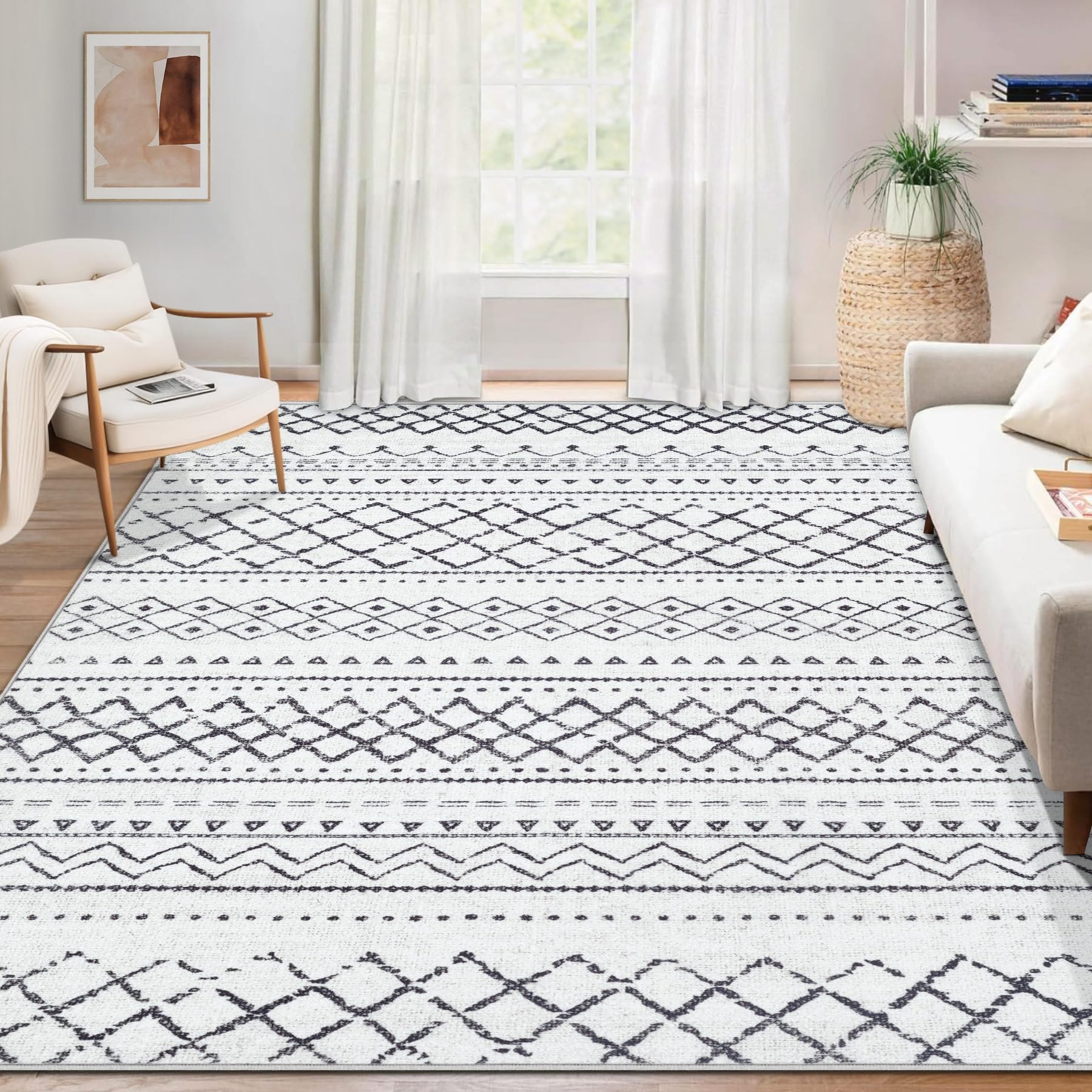 Area Rug Living Room Rugs 8x10 - Large Soft Boho Geometric Rug, Non-Slip Foldable Washable Rugs Non Shedding Morden Indoor Floor Carpet for Living Room Bedroom Office Dining Room(Brown Green,8'x10')