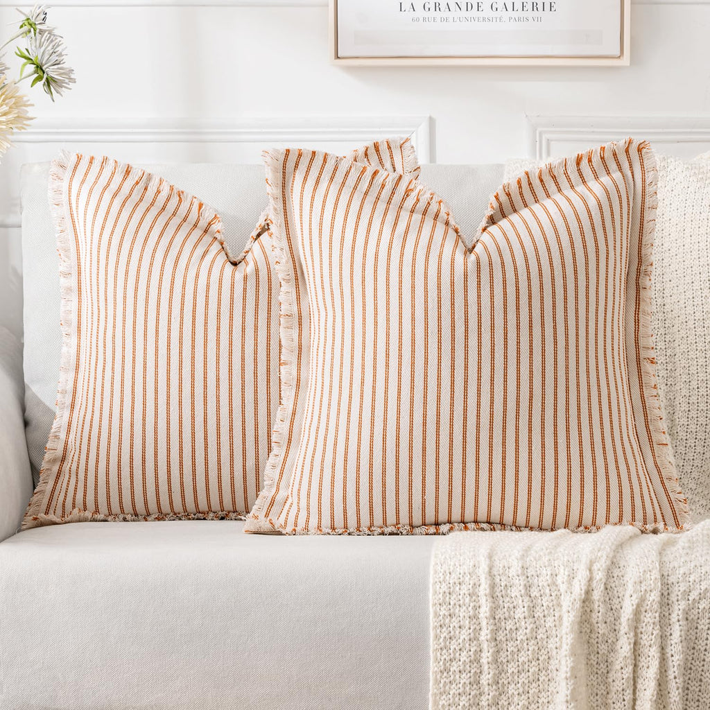MIULEE Pack of 2 Black Pillow Covers 20x20 Inch Striped Farmhouse Couch Throw Pillow Covers with Fringe Chic Linen Decorative Cushion Covers for Sofa Living Room Bed Outdoor Home Decor
