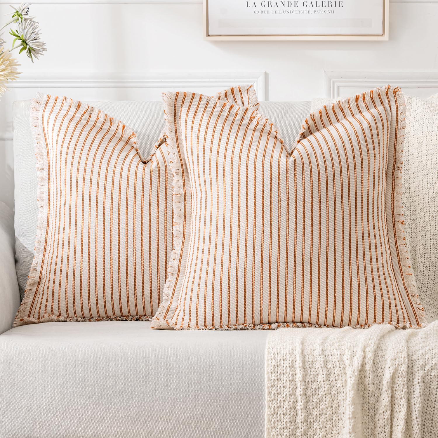 MIULEE Pack of 2 Black Pillow Covers 20x20 Inch Striped Farmhouse Couch Throw Pillow Covers with Fringe Chic Linen Decorative Cushion Covers for Sofa Living Room Bed Outdoor Home Decor