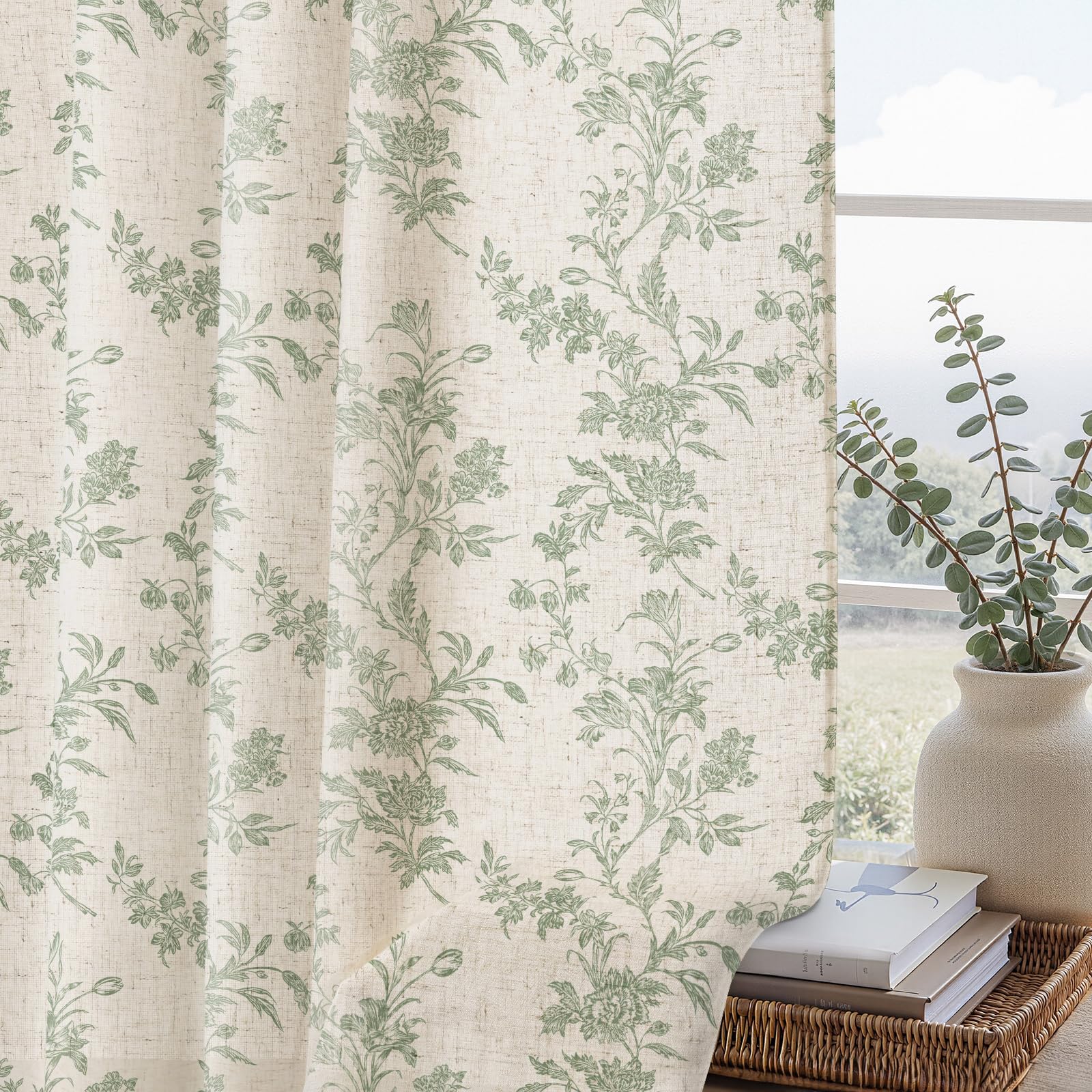 Floral Embroidered Linen Blend Curtains for Bedroom, 84 Inch Light Filtering Spring Farmhouse Vintage Drapes Beige Flower Window Treatments for Living Room Rod Pocket, Set of 2 Panels