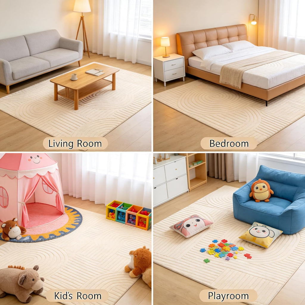 5x7 Geometric Solid Beige Area Rug – Washable, Durable Non-Slip Indoor Carpet with Soft High-Low Pile, Fluffy Floor Rugs for Living Room, Bedroom, Bedside, Kids Room, Nursery,Home Office Décor
