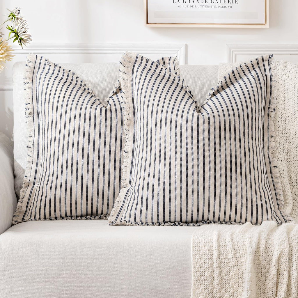 MIULEE Pack of 2 Black Pillow Covers 20x20 Inch Striped Farmhouse Couch Throw Pillow Covers with Fringe Chic Linen Decorative Cushion Covers for Sofa Living Room Bed Outdoor Home Decor
