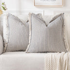 MIULEE Pack of 2 Black Pillow Covers 20x20 Inch Striped Farmhouse Couch Throw Pillow Covers with Fringe Chic Linen Decorative Cushion Covers for Sofa Living Room Bed Outdoor Home Decor