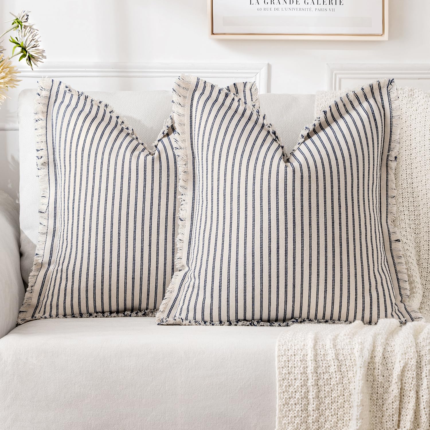 MIULEE Pack of 2 Black Pillow Covers 20x20 Inch Striped Farmhouse Couch Throw Pillow Covers with Fringe Chic Linen Decorative Cushion Covers for Sofa Living Room Bed Outdoor Home Decor