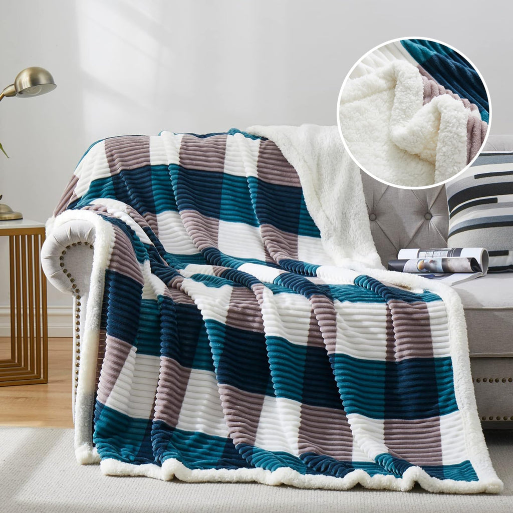 PU MEI Sherpa Fleece Throw Blanket 60" x 80" Reversible Plush Fluffy Large Big Blanket Lattice Flannel Blankets for Sofa Couch Bed (Grey-Soft Blue, 60"*80")