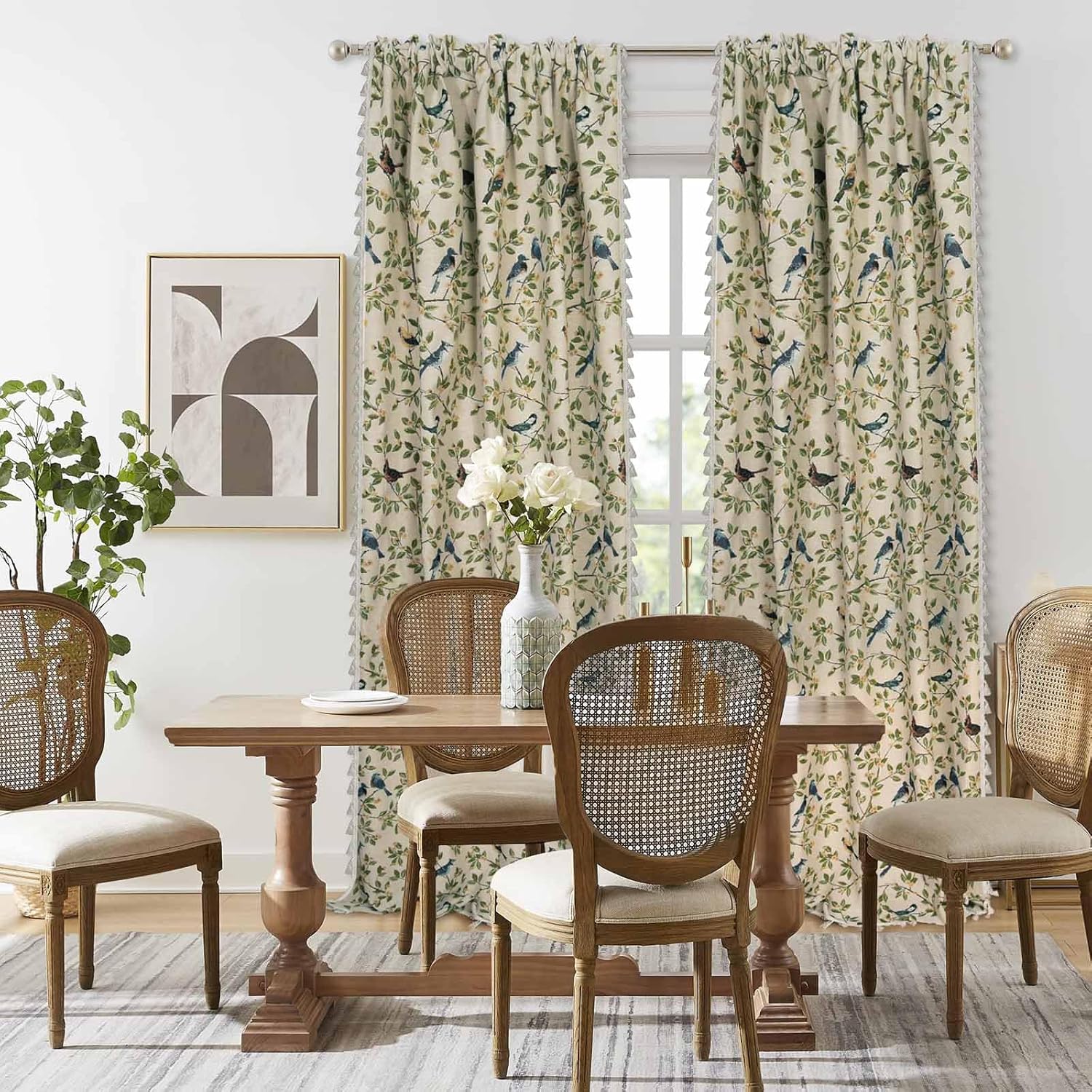 2 Pack Floral Bird Jacquard Boho Curtains 60"×85", Tassel Light Filtering Rod Pocket Farmhouse Window Drapes