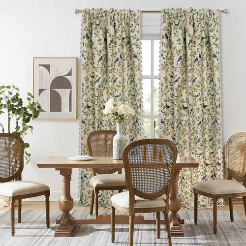 2 Pack Floral Bird Jacquard Boho Curtains 60"×85", Tassel Light Filtering Rod Pocket Farmhouse Window Drapes