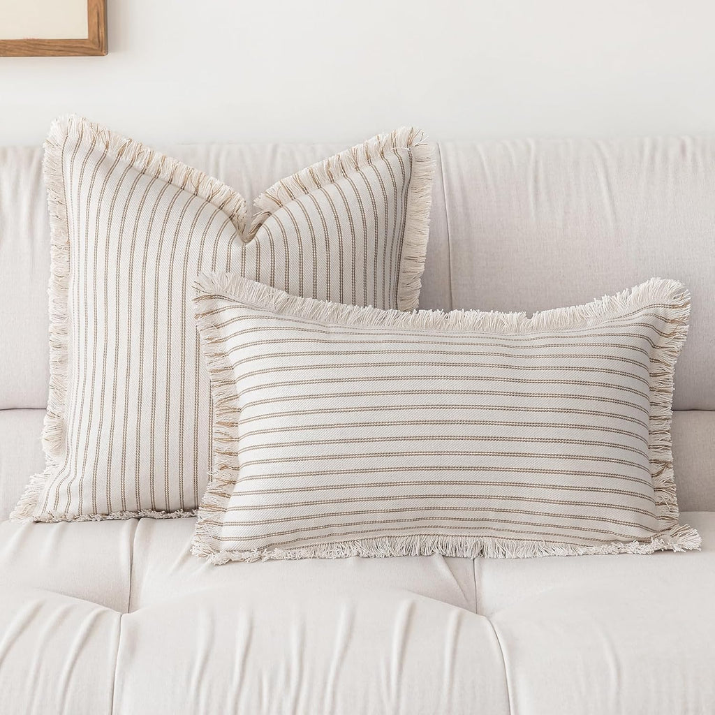 YEENAASY Throw Pillow Covers 18x18 Set of 2 Striped Fringe Pillow Cover Farmhouse Cushion Covers with Tassel Neutral Boho Pillows Decorative Square Pillowcase for Couch Sofa Bed, Khaki