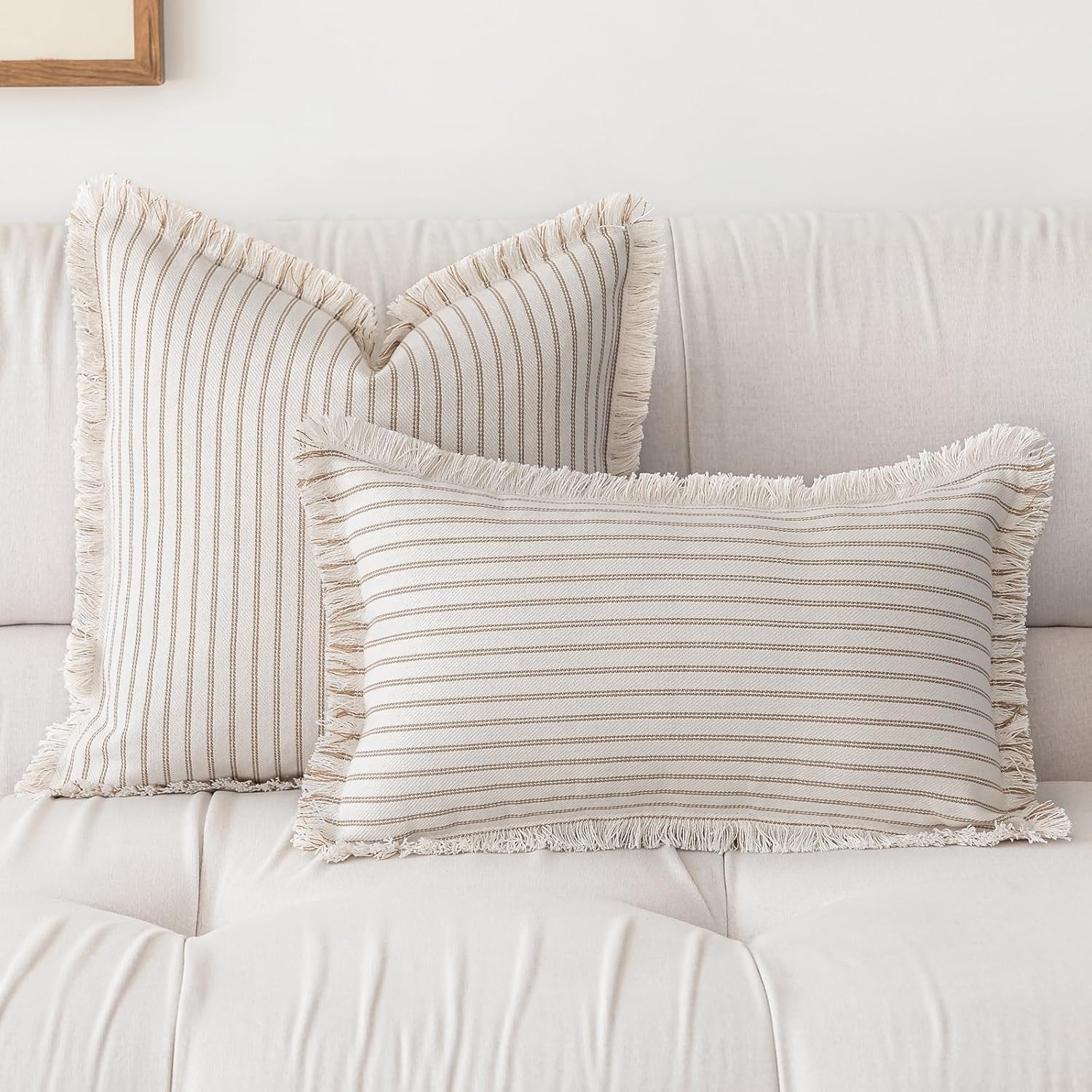 YEENAASY Throw Pillow Covers 18x18 Set of 2 Striped Fringe Pillow Cover Farmhouse Cushion Covers with Tassel Neutral Boho Pillows Decorative Square Pillowcase for Couch Sofa Bed, Khaki