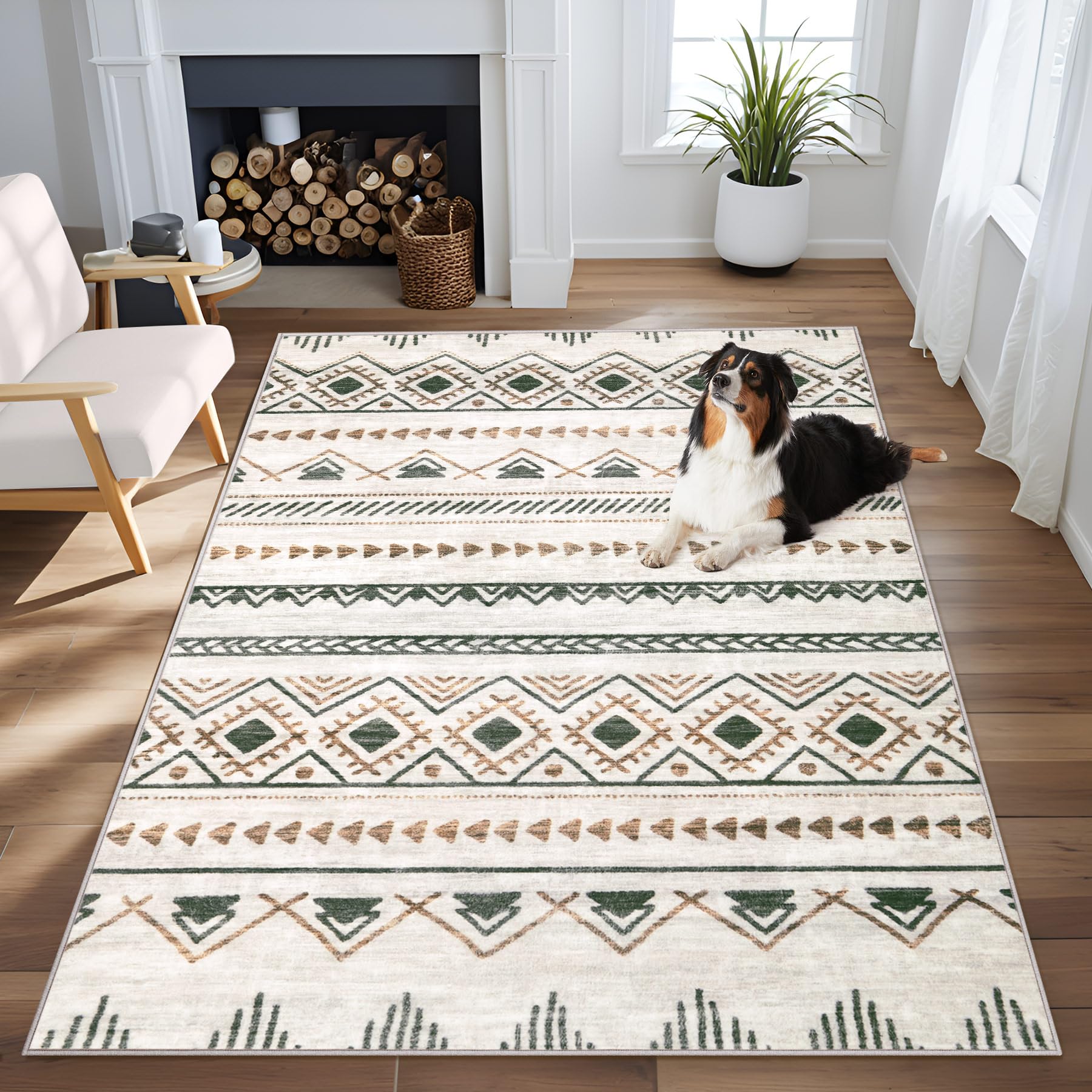 Area Rug Living Room Rugs 8x10 - Large Soft Boho Geometric Rug, Non-Slip Foldable Washable Rugs Non Shedding Morden Indoor Floor Carpet for Living Room Bedroom Office Dining Room(Brown Green,8'x10')