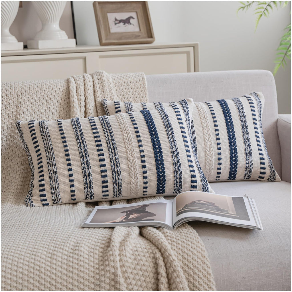 Cethom Navy Blue Boho Throw Pillow Covers 20x20 Inch Set of 2, Stripe Textured Decorative Couch Pillow Cases for Bed, Sofa, Living Room, Bedroom, Farmhouse Home Accent Cushion Covers