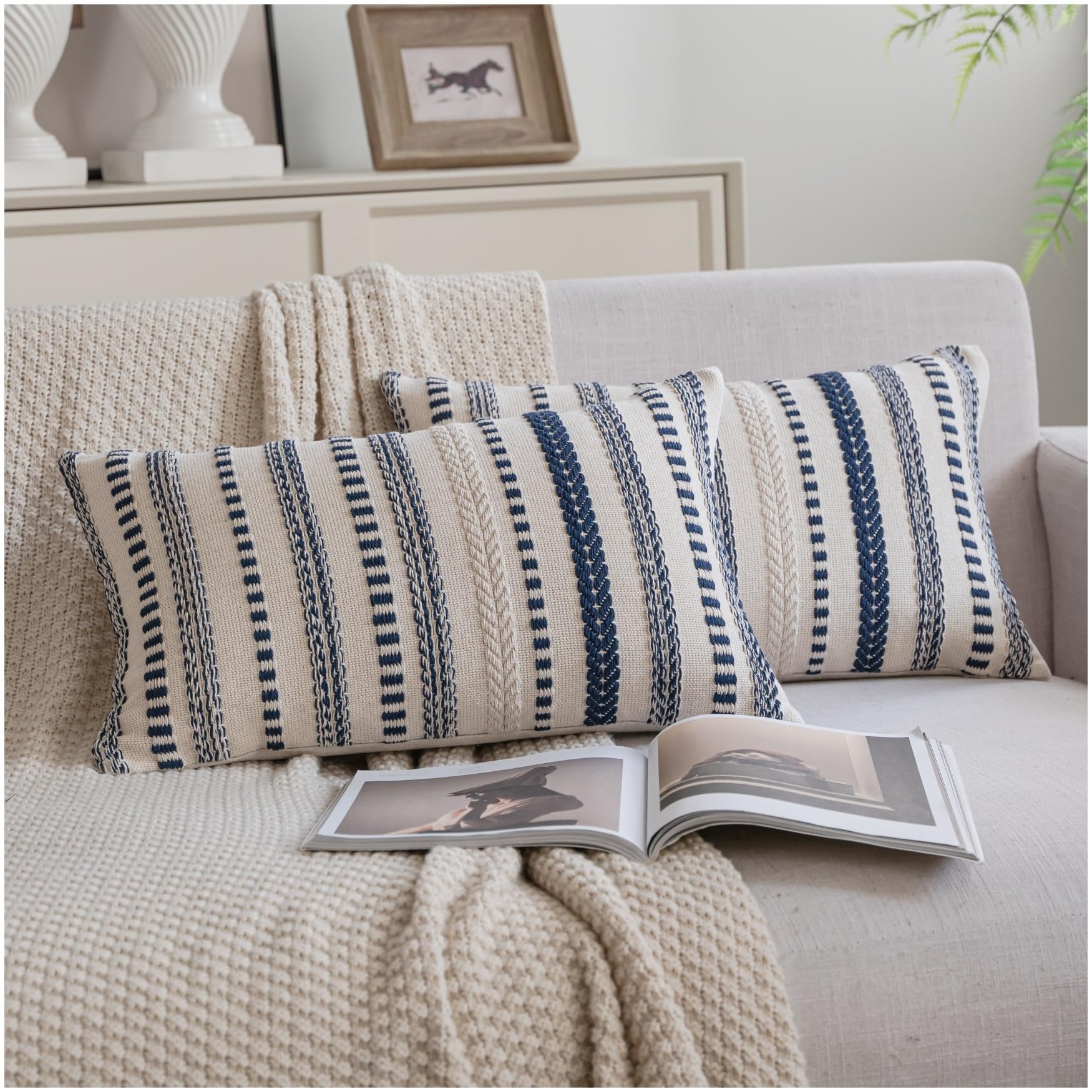 Cethom Navy Blue Boho Throw Pillow Covers 20x20 Inch Set of 2, Stripe Textured Decorative Couch Pillow Cases for Bed, Sofa, Living Room, Bedroom, Farmhouse Home Accent Cushion Covers