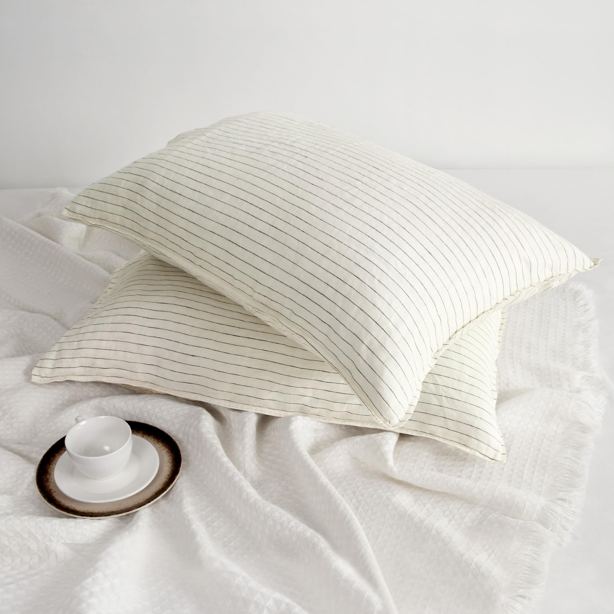 Striped Linen Pillow Cases Set of 2,20"x30" Standard/Queen Size,100% French Natural Flax Soft Linen Pillowcases,Natural Stripe