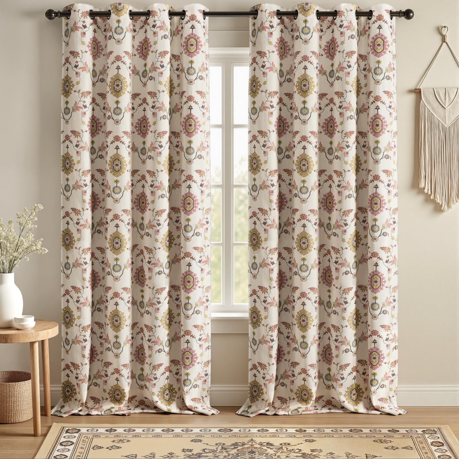 Floral Embroidered Linen Blend Curtains for Bedroom, 84 Inch Light Filtering Spring Farmhouse Vintage Drapes Beige Flower Window Treatments for Living Room Rod Pocket, Set of 2 Panels