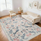 8x10 Beige Boho Floral Washable Non-Slip Thin Area Rug for Indoor Spaces