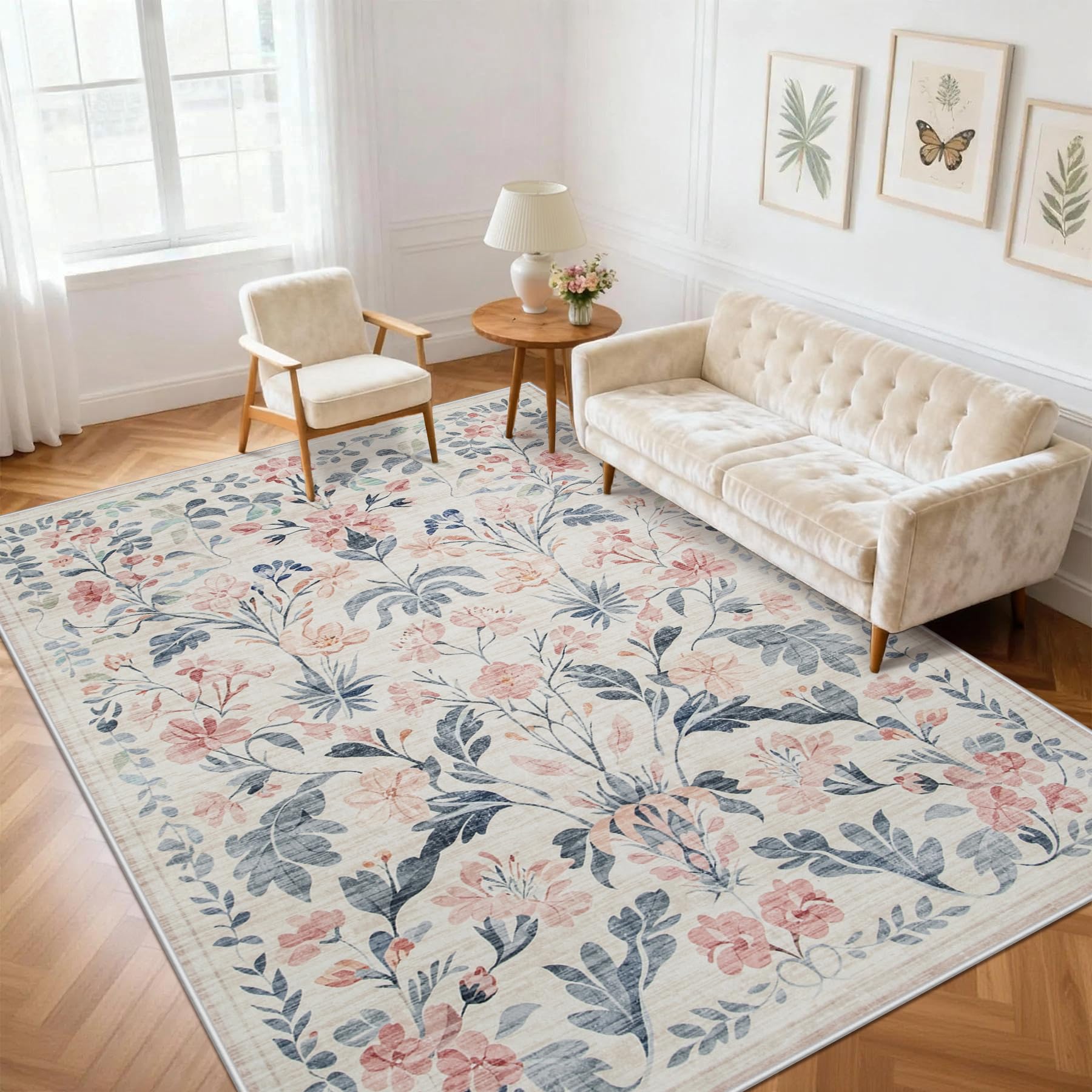 8x10 Beige Boho Floral Washable Non-Slip Thin Area Rug for Indoor Spaces