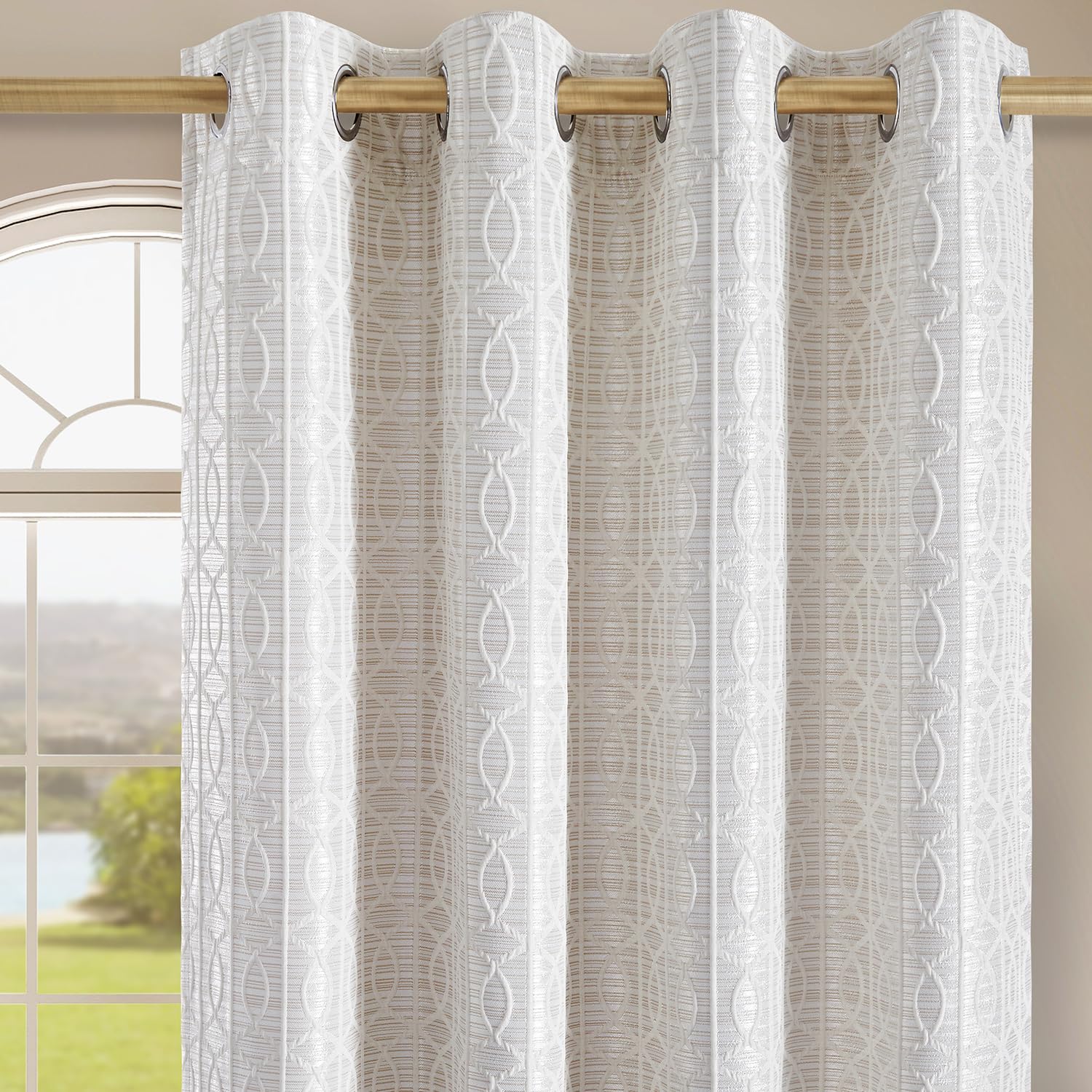 Beige and Silvery 100% Blackout Jacquard Geometric Pattern Curtains,52 Inch Wide 84 Inches Long 2 Panels, Thermal Insulated Noise Reducing Anti-Rust Grommet Drapes for Bedroom Living Room, Cream