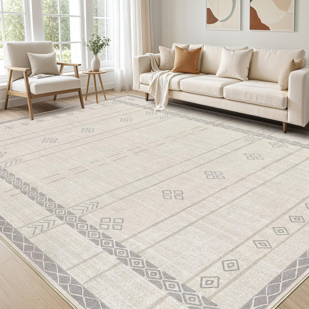 cotiled 5x7 Area Rug Living Room: Washable Boho Rugs with Non Slip Backing Large Soft Indoor Stain Resistant Carpet for Bedroom Farmhouse Dining Room Lightweight Home Decor L Brown/Cream