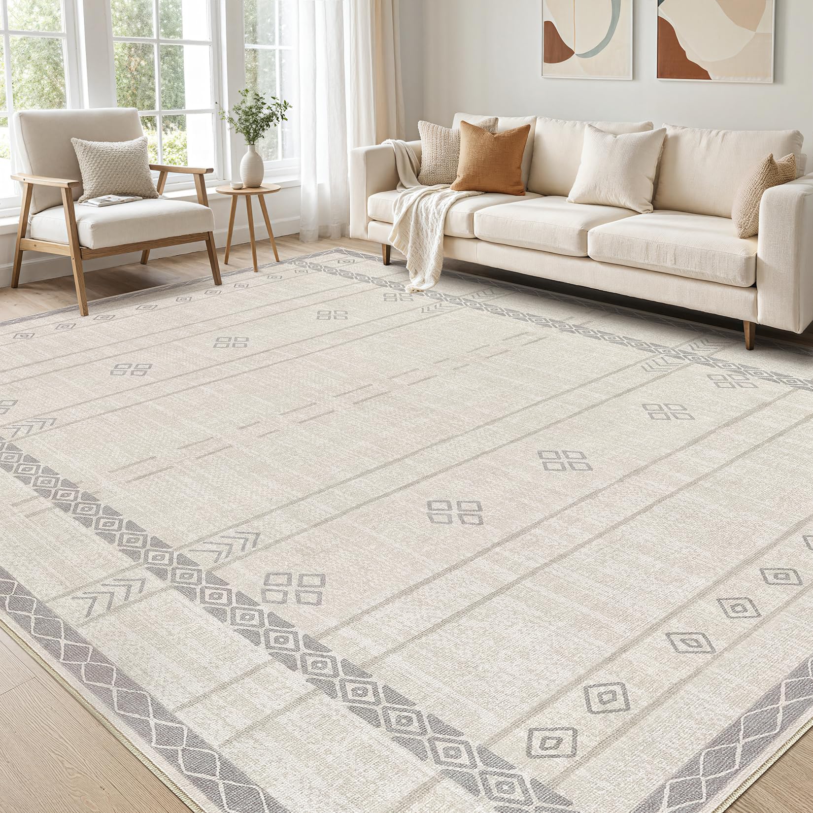 cotiled 5x7 Area Rug Living Room: Washable Boho Rugs with Non Slip Backing Large Soft Indoor Stain Resistant Carpet for Bedroom Farmhouse Dining Room Lightweight Home Decor L Brown/Cream